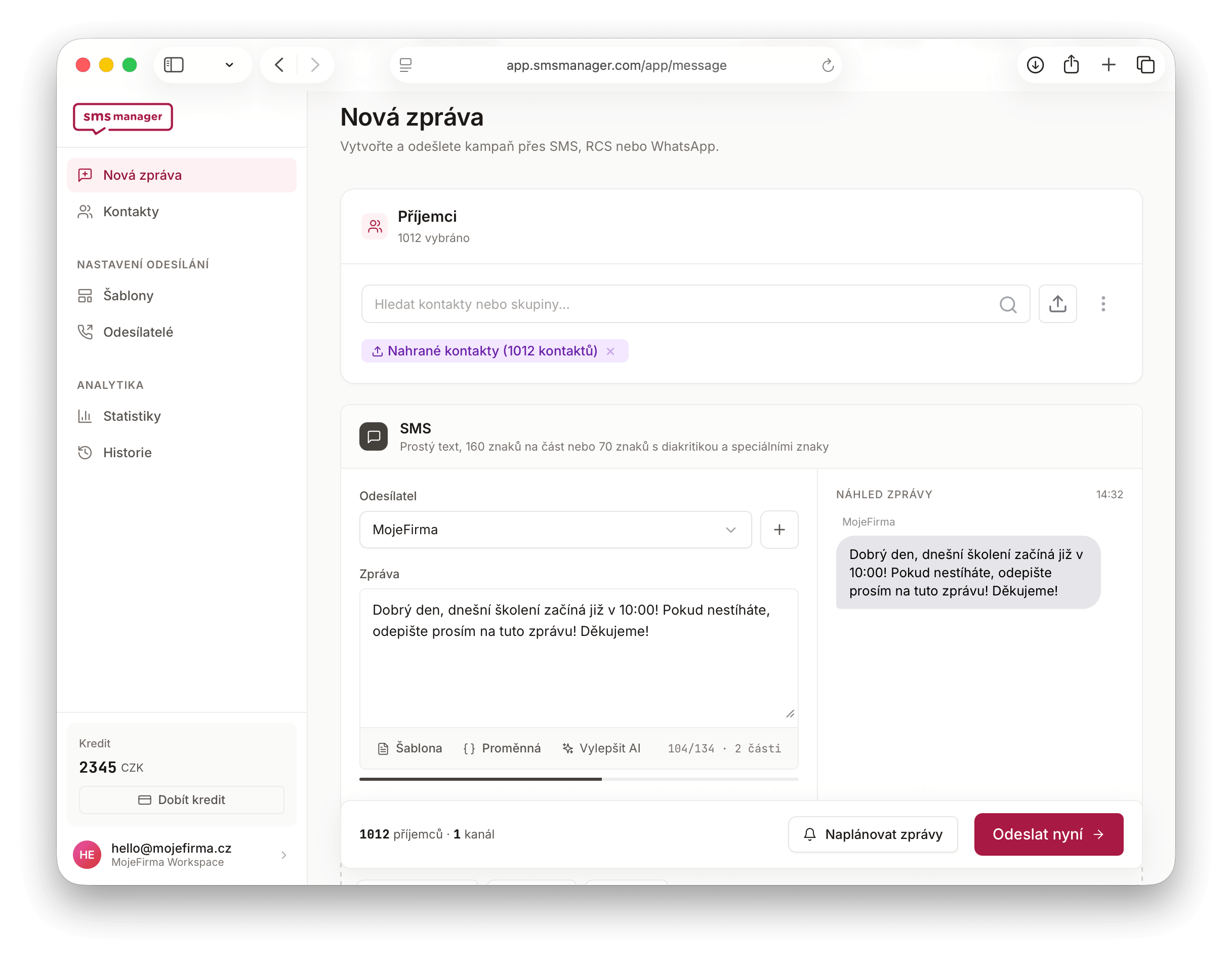Aplikace SmsManager – odesílání hromadných SMS